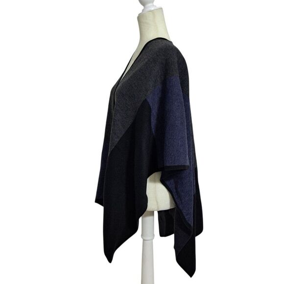 Lord & Taylor Women's Color Block Charcoal Blue Open Boho Work Office Poncho OS - Picture 2 of 7